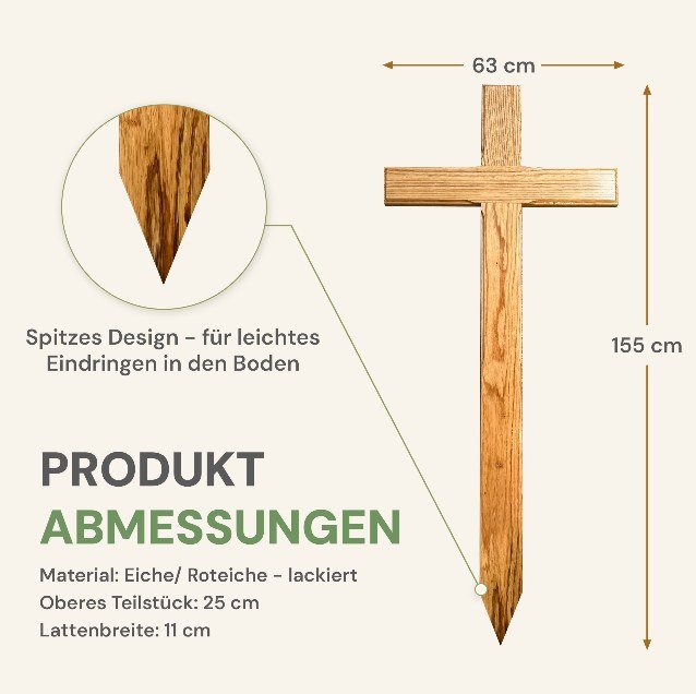 Bemaßte Zeichnung des Grabkreuz groß: 155 cm hoch, 63 cm breit, 11 cm Lattenbreite