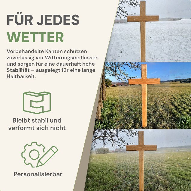 Das Grabkreuz bei Schnee, Sonne und Regen