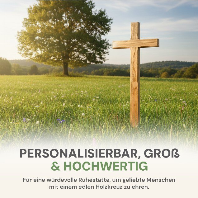 Grabkreuz groß aus heller Roteiche auf einer Sommerwiese