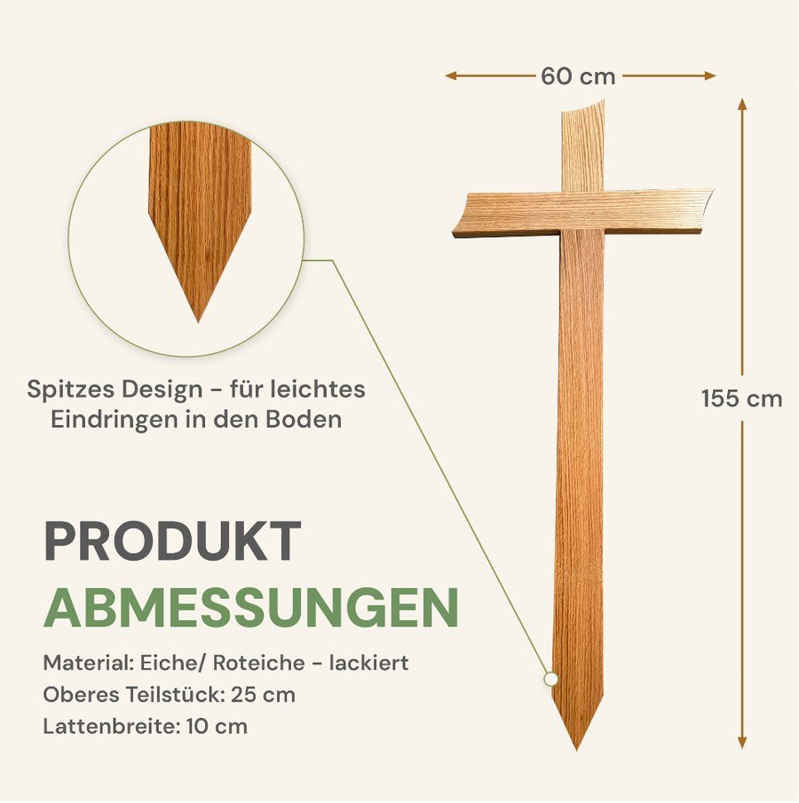 Bemaßte Zeichnung des Grabkreuz Premium: 155 cm hoch, 60 cm breit, 10 cm Lattenbreite