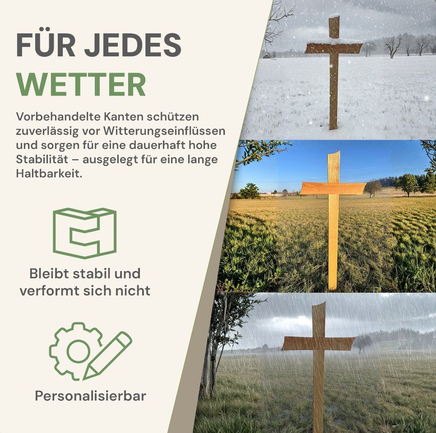 Das Grabkreuz Premium bei Schnee, Sonne und Regen