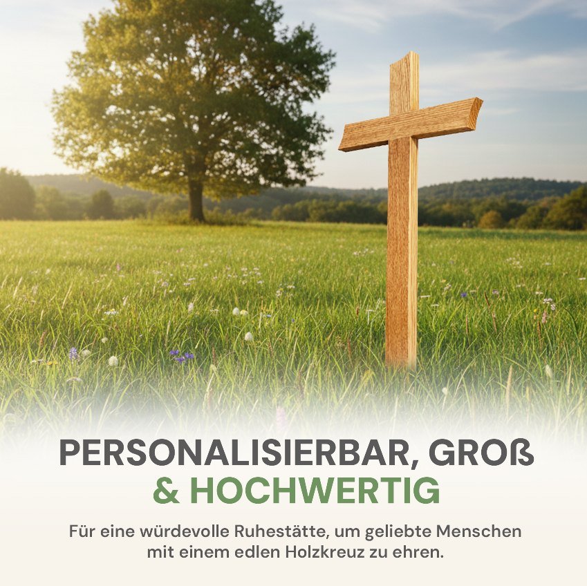 Grabkreuz Premium aus heller Roteiche auf einer Sommerwiese