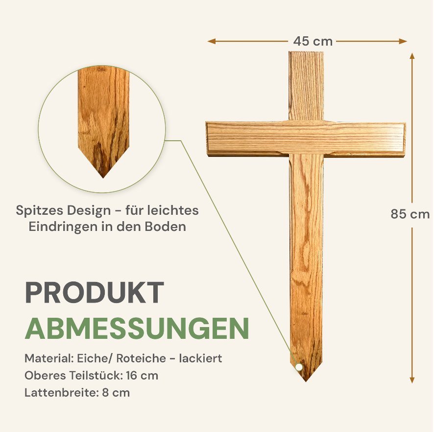 Bemaßte Zeichnung des Urnenkreuz: 85 cm hoch, 45 cm breit, 8 cm Lattenbreite