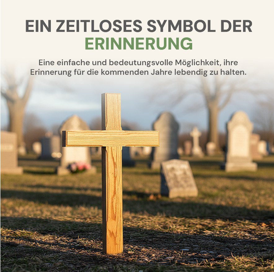 Urnenkreuz aus Holz auf einem Friedhof im Abendlicht