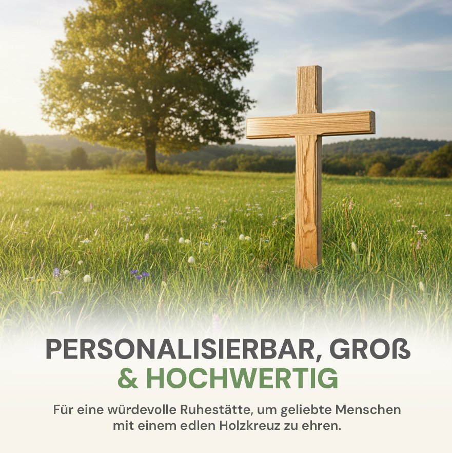 Urnenkreuz aus heller Roteiche auf einer Sommerwiese