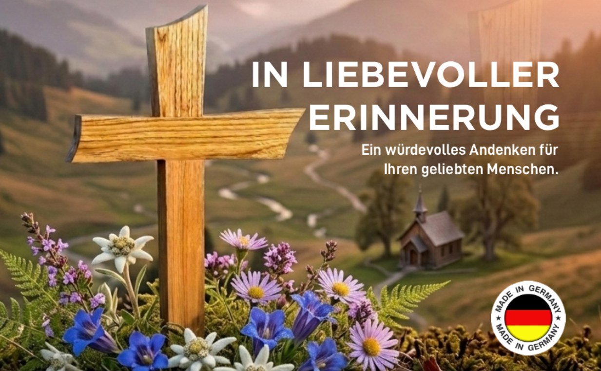 Urnenkreuz Premium mit Beschriftung vor Alpenlandschaft