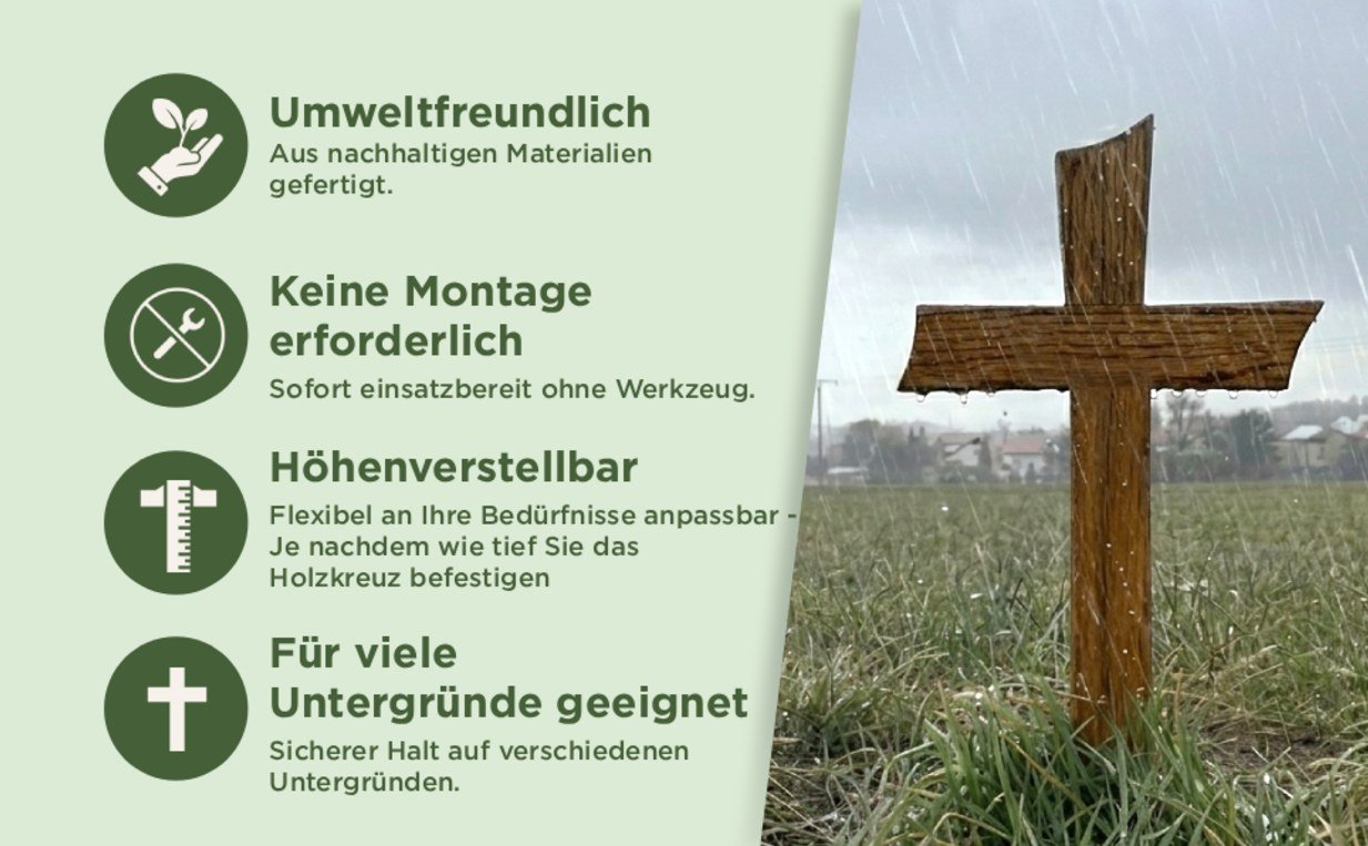 Urnenkreuz Premium bei Regen — die lackierte Oberfläche lässt Wasser abperlen